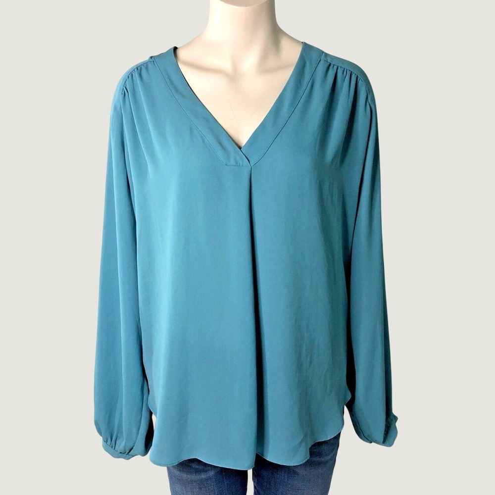 Catherine Malandrino Blouse Womens M Teal Blue V-Neck Long Sleeve Gathered Back